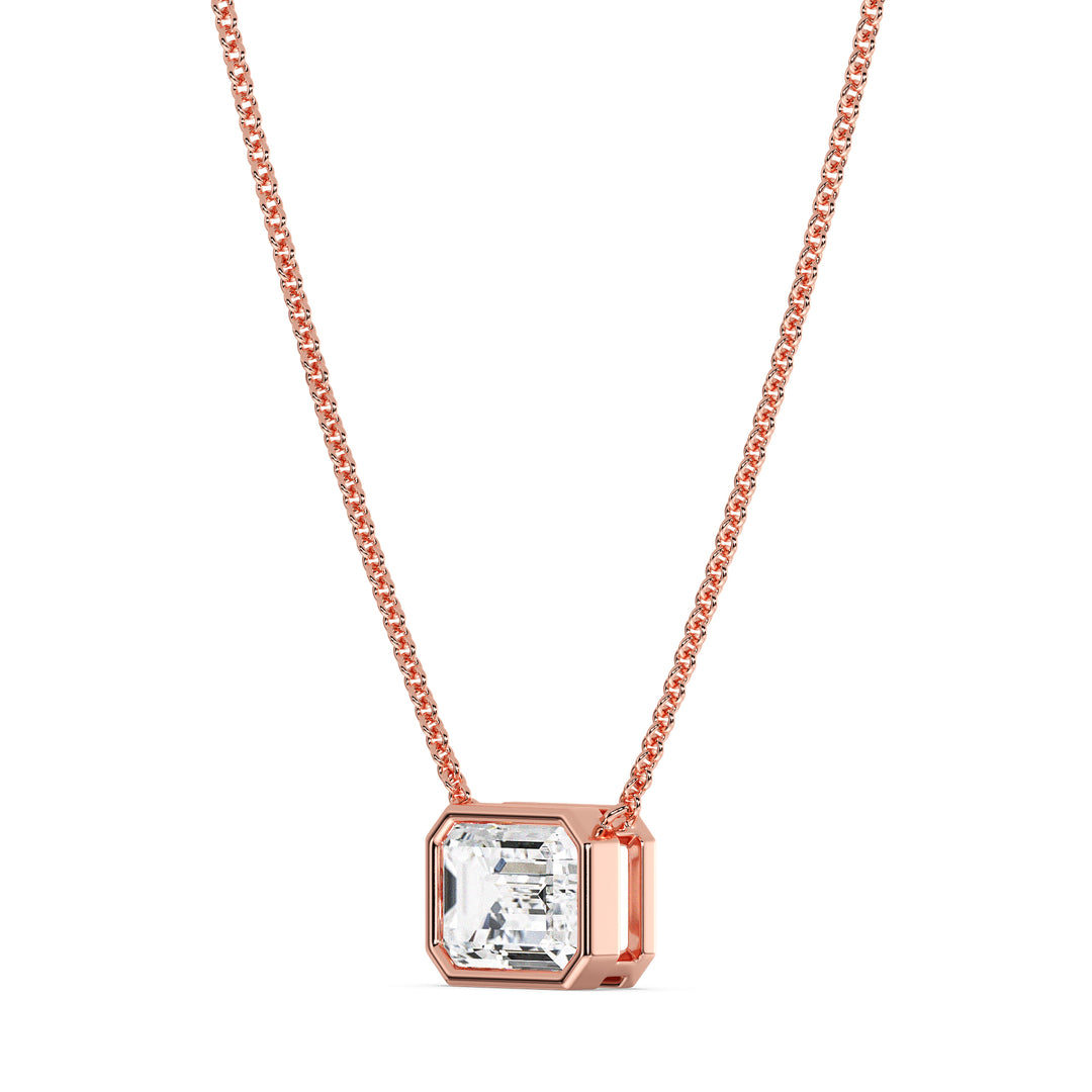 2 Carat Lab-Grown Emerald-Cut Diamond Bezel-Set Solitaire Pendant Necklace in 18K Rose Gold, featuring a dazzling E/VS emerald-cut diamond in a modern bezel setting with a romantic rose gold chain