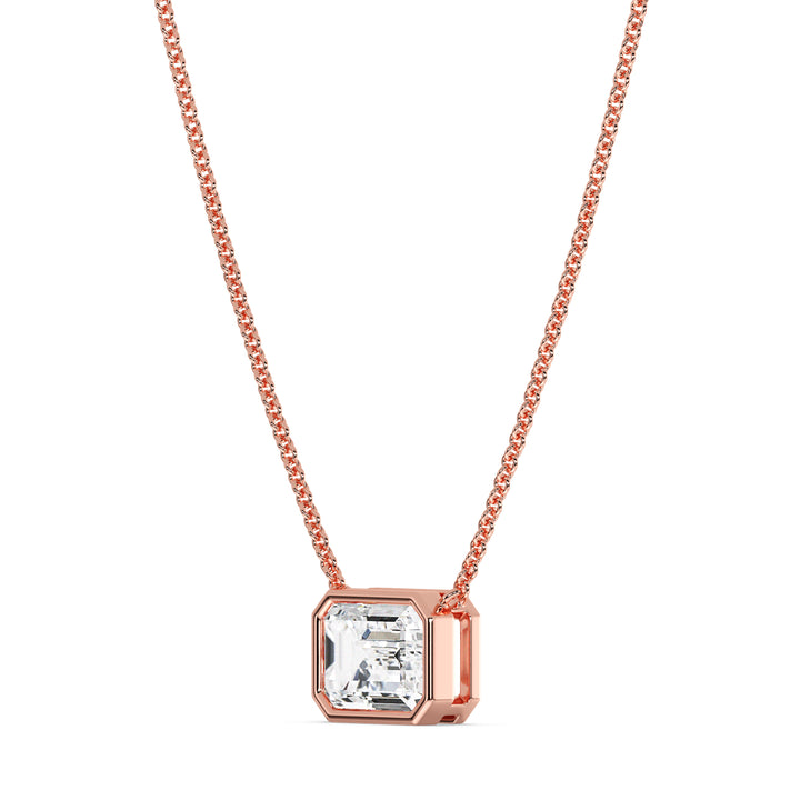 2 Carat Lab-Grown Emerald-Cut Diamond Bezel-Set Solitaire Pendant Necklace in 18K Rose Gold, featuring a dazzling E/VS emerald-cut diamond in a modern bezel setting with a romantic rose gold chain