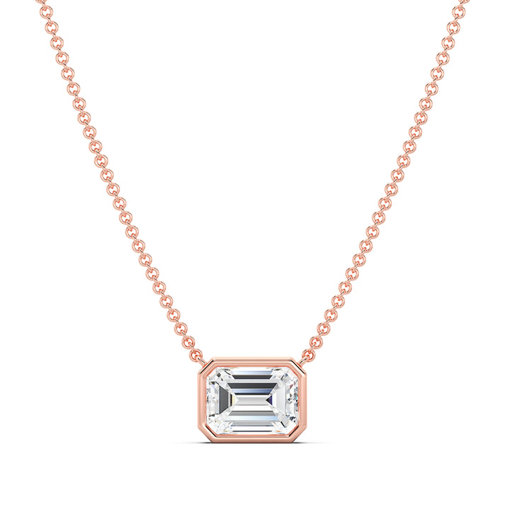 2 Carat Lab-Grown Emerald-Cut Diamond Bezel-Set Solitaire Pendant Necklace in 18K Rose Gold, featuring a dazzling E/VS emerald-cut diamond in a modern bezel setting with a romantic rose gold chain