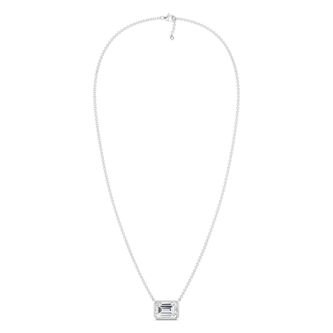 2 Carat Lab-Grown Emerald-Cut Diamond Bezel-Set Solitaire Pendant Necklace in 18K White Gold, highlighting a brilliant E/VS emerald-cut diamond in a contemporary bezel setting with a polished white gold chain.