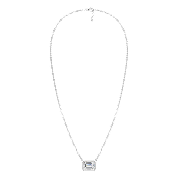 2 Carat Lab-Grown Emerald-Cut Diamond Bezel-Set Solitaire Pendant Necklace in 18K White Gold, highlighting a brilliant E/VS emerald-cut diamond in a contemporary bezel setting with a polished white gold chain.