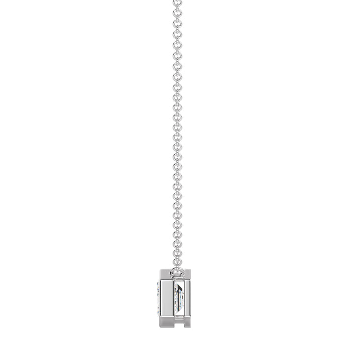 2 Carat Lab-Grown Emerald-Cut Diamond Bezel-Set Solitaire Pendant Necklace in 18K White Gold, highlighting a brilliant E/VS emerald-cut diamond in a contemporary bezel setting with a polished white gold chain.