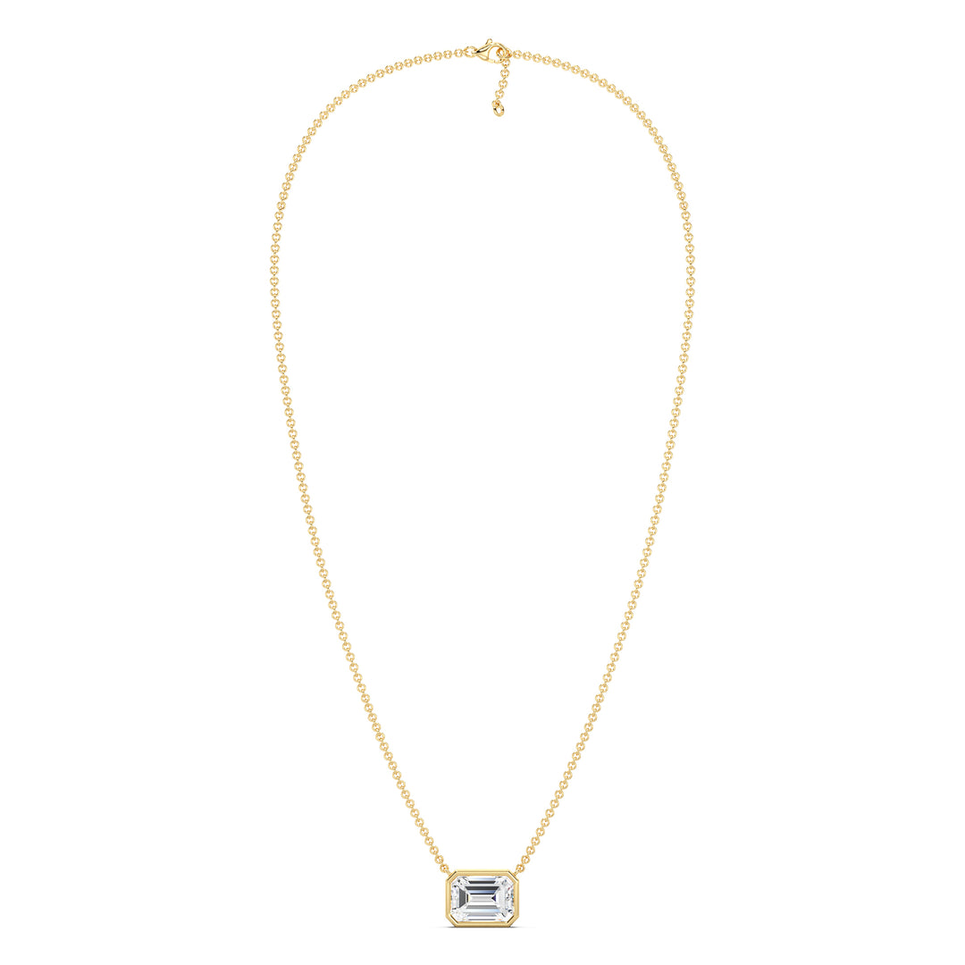 2 Carat Lab-Grown Emerald-Cut Diamond Bezel-Set Solitaire Pendant Necklace in 18K Yellow Gold, showcasing a sparkling E/VS emerald-cut diamond in a sleek bezel setting with a classic yellow gold chain.