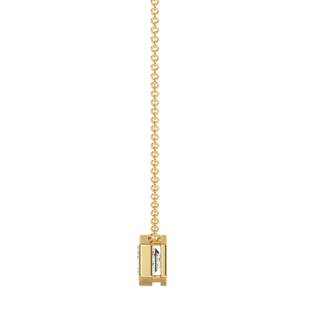 2 Carat Lab-Grown Emerald-Cut Diamond Bezel-Set Solitaire Pendant Necklace in 18K Yellow Gold, showcasing a sparkling E/VS emerald-cut diamond in a sleek bezel setting with a classic yellow gold chain.