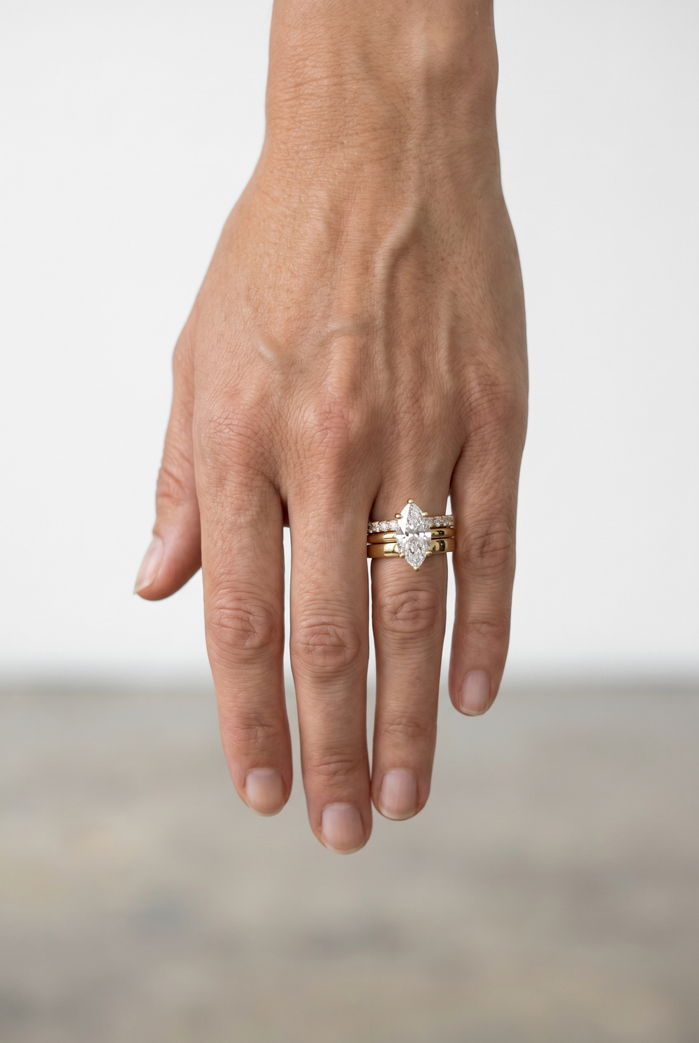 3.01 CTW Marquise Lab Grown Diamond Ring with Triple Diamond Shank in 18K Yellow Gold
