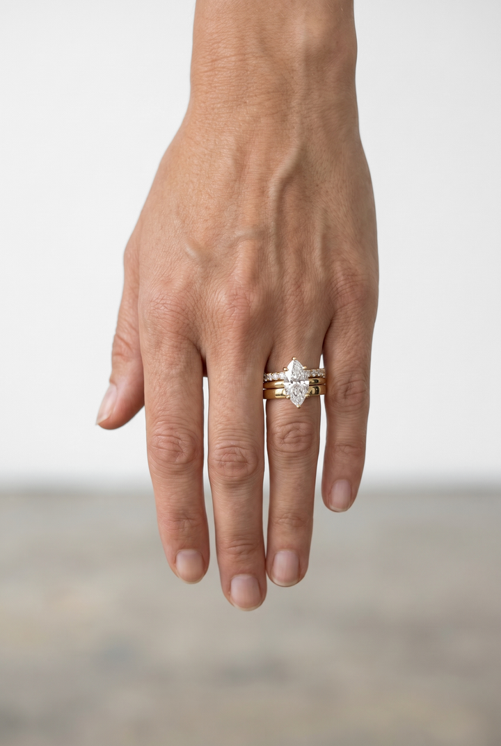3.01 CTW Marquise Lab Grown Diamond Ring with Triple Diamond Shank in 18K Yellow Gold