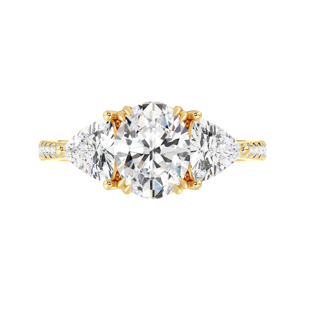 3.51 CTW Oval Diamond Three Stone Engagement Ring with Pavé Band in Yellow Gold