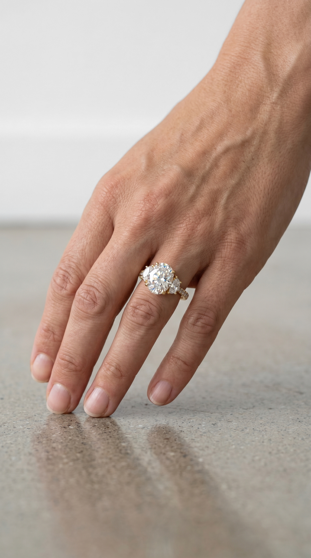 3.84 CTW Oval Lab Grown Diamond Ring with Half Moon Side Stones in 18K Yellow Gold