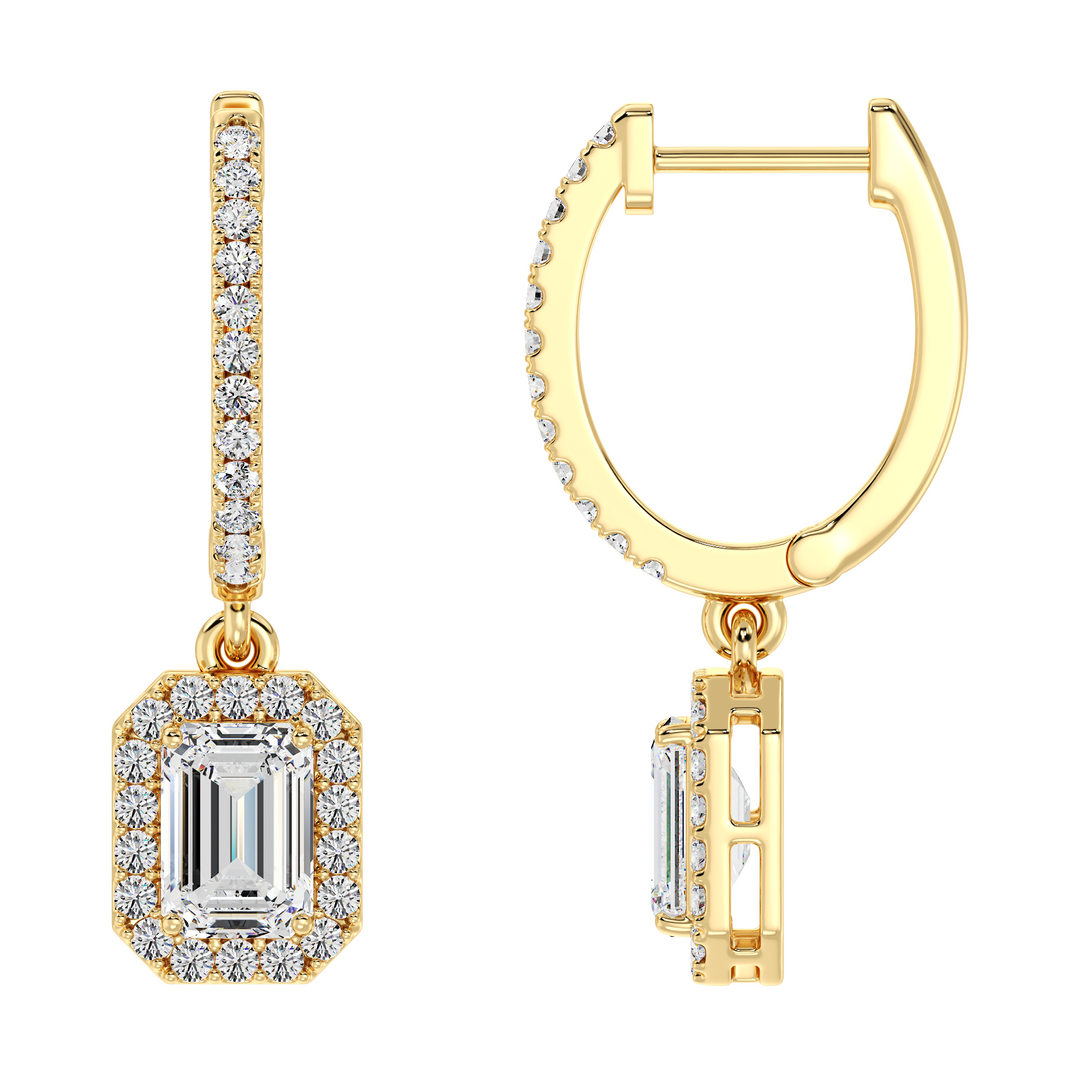3.90 Carat Emerald Cut Lab Grown Diamond Halo Hoop Earrings in 18K Yellow Gold