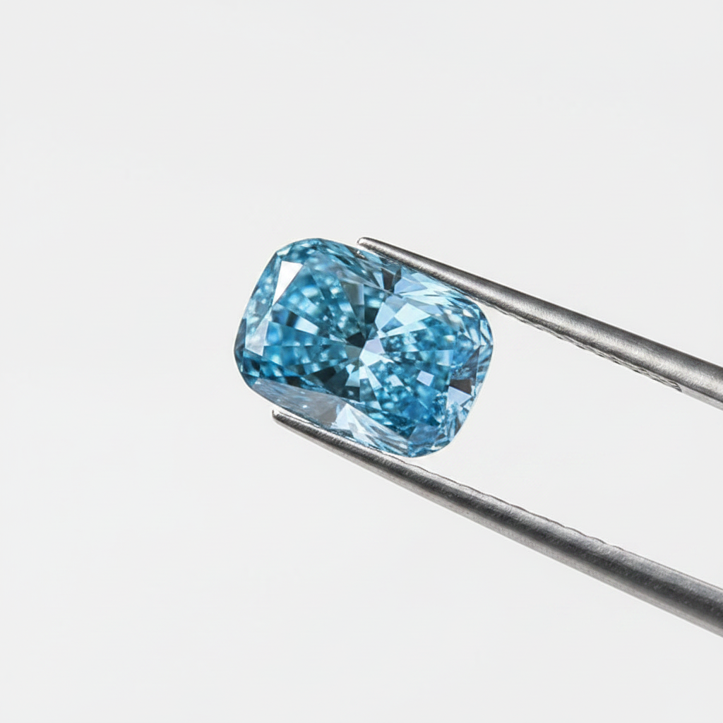 3,01-karaats kussen gemodificeerde lab-grown diamant, VS2/Fancy Vivid Blue