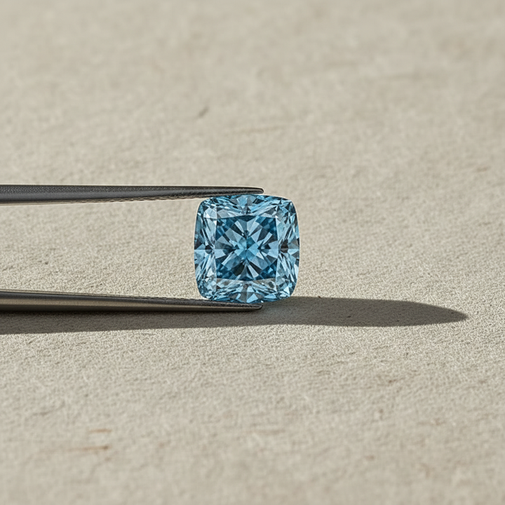 3,05 karaat kussen gemodificeerde lab-grown diamant, VS1/Fancy Vivid Blue