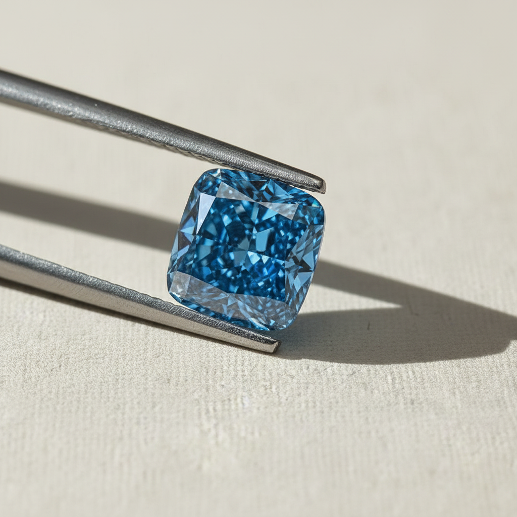 3,05 karaat kussen gemodificeerde lab-grown diamant, VVS2/Fancy Vivid Blue