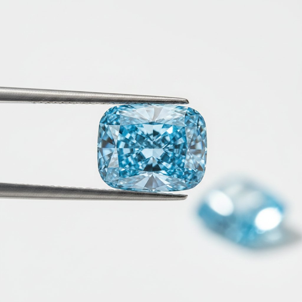 3,83 karaats kussen gemodificeerde lab-grown diamant, VS1/Fancy Vivid Blue