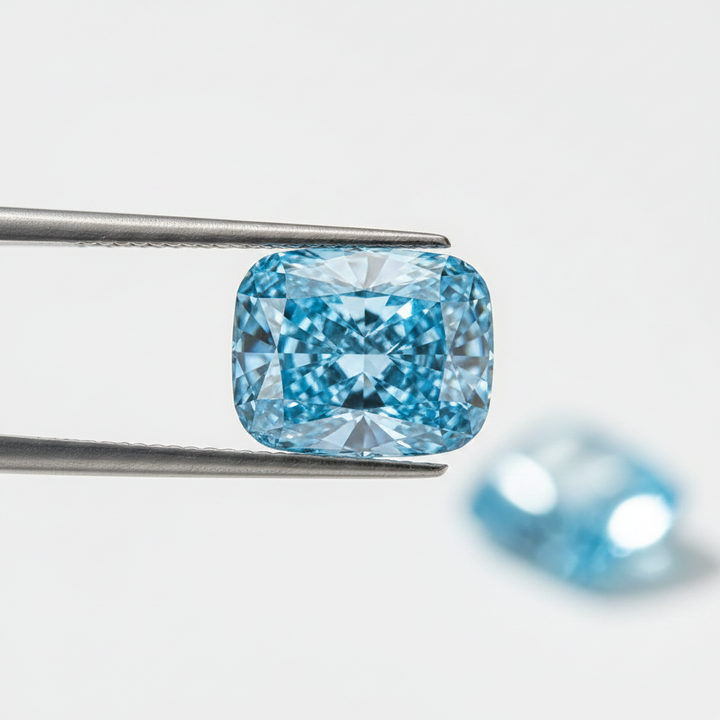 3,83 karaats kussen gemodificeerde lab-grown diamant, VS1/Fancy Vivid Blue