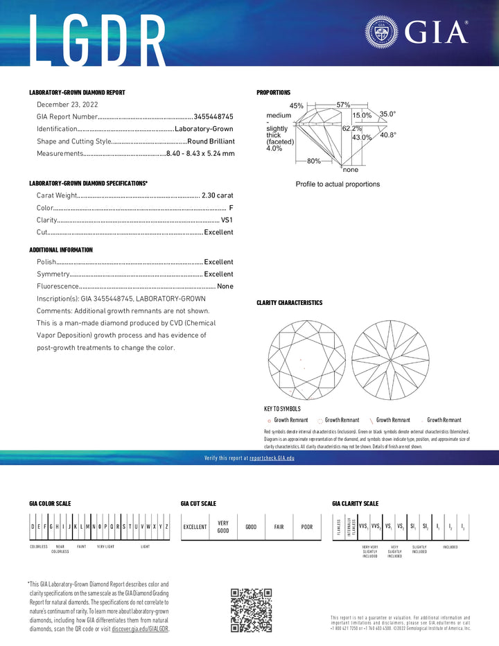 Diamant cultivé en laboratoire de taille ronde de 2,30 ct - Certifié GIA, clarté VS1, couleur F, excellente coupe