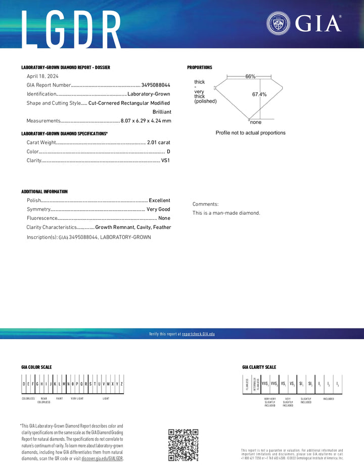 Diamant cultivé en laboratoire certifié GIA 2,01 CT, taille radiante, couleur D, clarté VS1