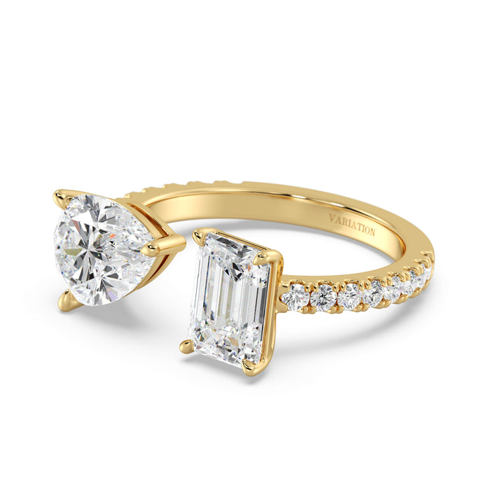 4.34 CTW Pear and Emerald Cut Diamond Toi et Moi Ring in Yellow Gold