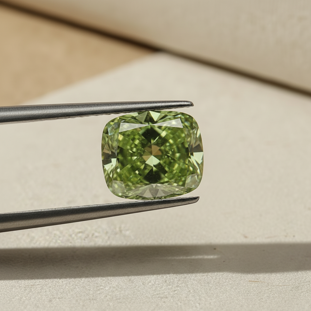 4,16 karaats kussen gemodificeerde lab-grown diamant, VS2/fancy levendig groen