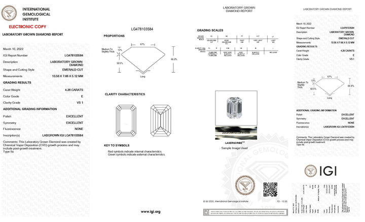 IGI-zertifizierter, im Labor gezüchteter Diamant im Smaragdschliff von 4,26 Karat – Farbe E, Reinheit VS1