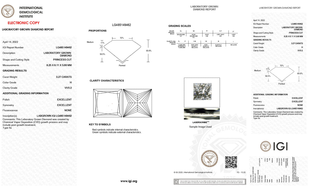 IGI-zertifizierter 3,27 Karat schwerer, im Prinzessschliff gefertigter Labordiamant – Reinheit VVS2, Farbe H