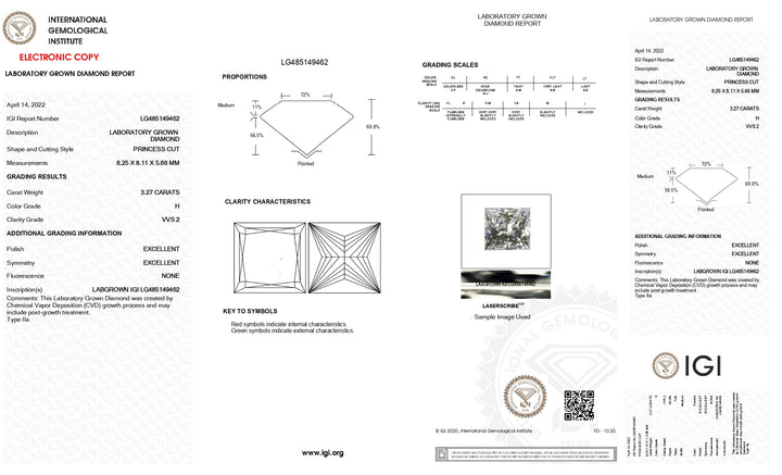 IGI-zertifizierter 3,27 Karat schwerer, im Prinzessschliff gefertigter Labordiamant – Reinheit VVS2, Farbe H