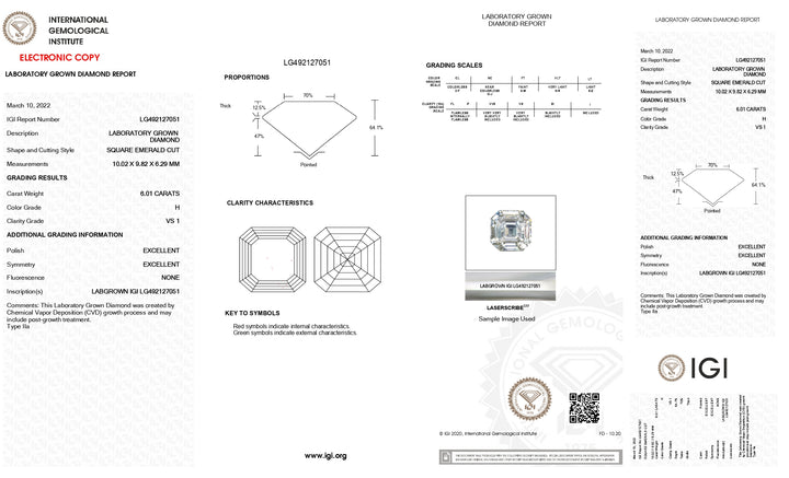 IGI-zertifizierter, im Labor gezüchteter Diamant im quadratischen Smaragdschliff, 6,01 Karat, Farbe H, Reinheit VS1