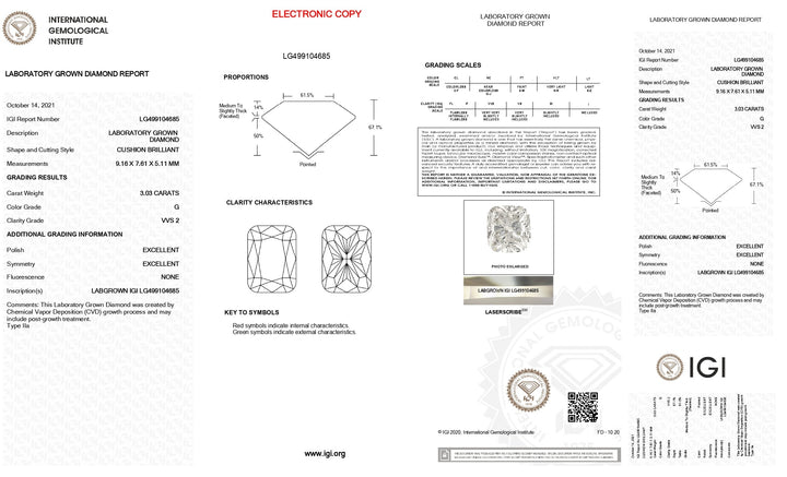 IGI-zertifizierter, 3,03 Karat langer, im Kissenschliff gefertigter Labordiamant, Farbe G, Reinheit VVS2