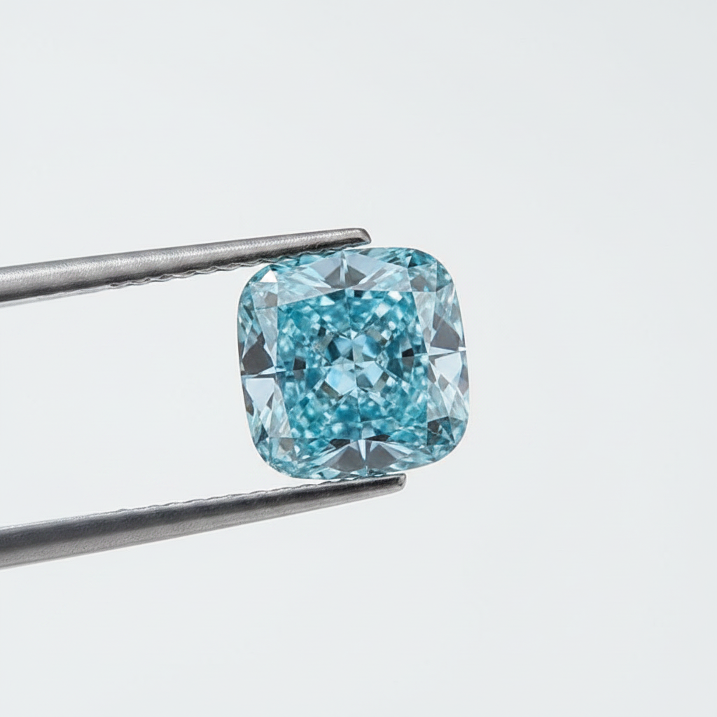5.01 karaat kussen gemodificeerde lab-grown diamant, VVS2/Fancy Vivid Blue