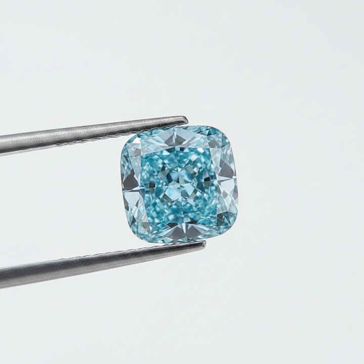 5.01 karaat kussen gemodificeerde lab-grown diamant, VVS2/Fancy Vivid Blue