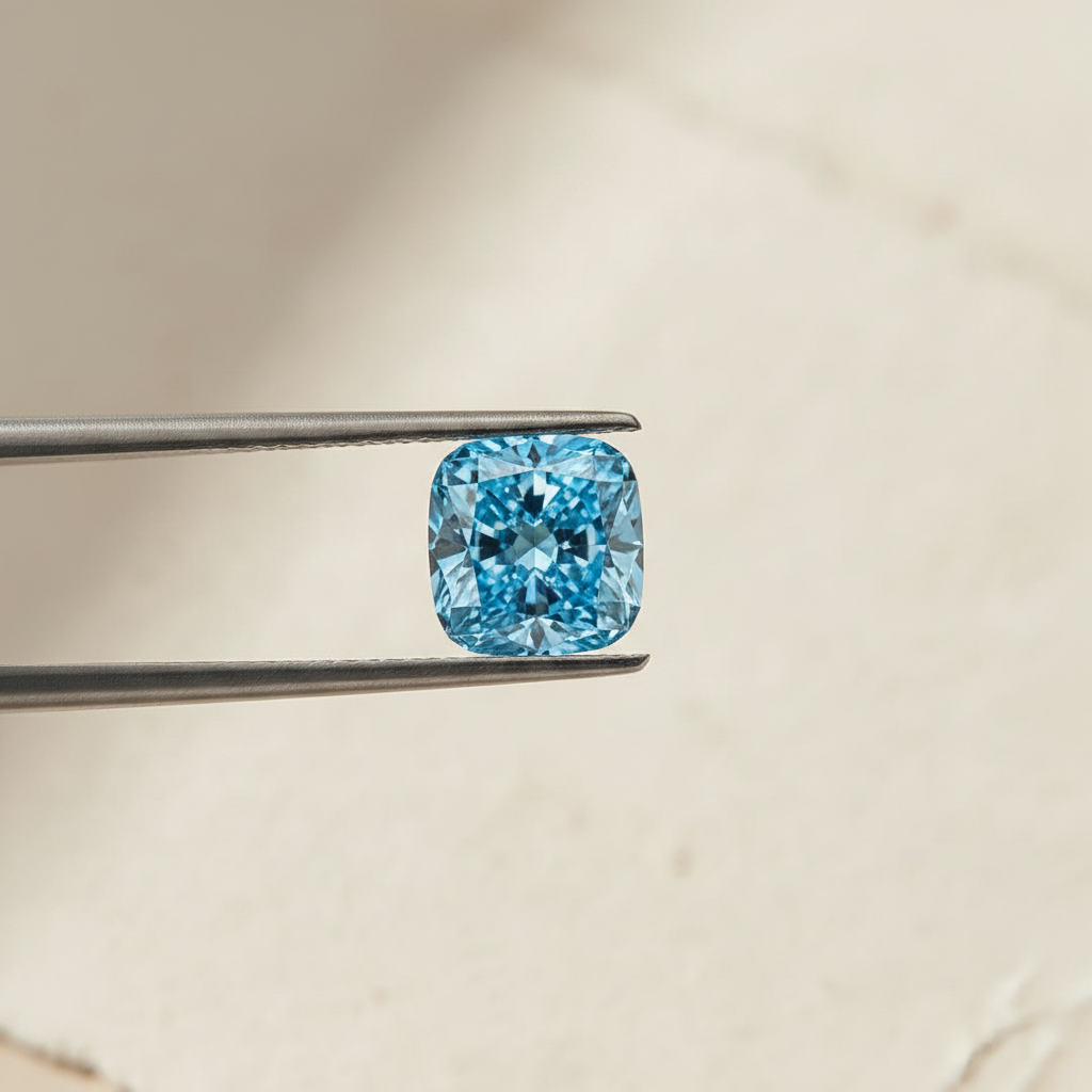 5,02 karaat kussen gemodificeerde laboratorium-gegroeide diamant, VS1/Fancy Vivid Blue