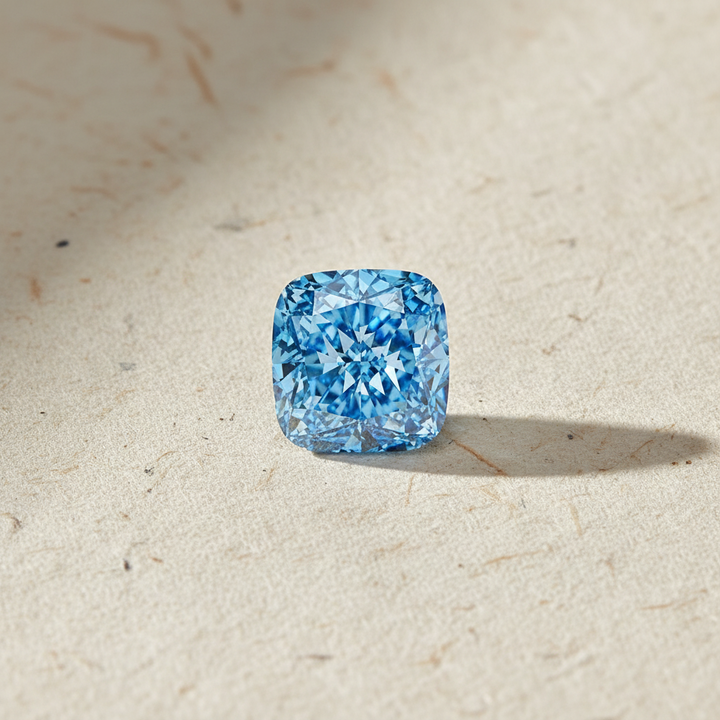 5,02 karaat kussen gemodificeerde laboratorium-gegroeide diamant, VS1/Fancy Vivid Blue