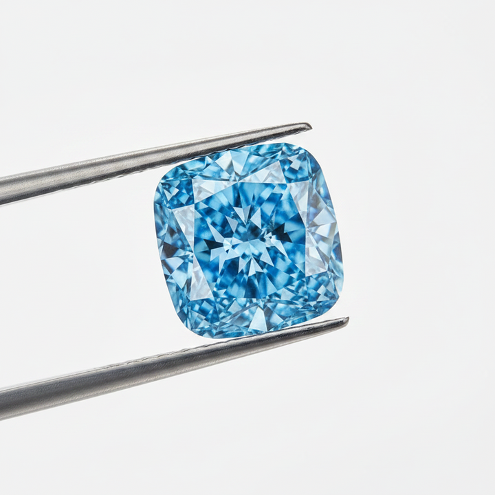 5,02 karaat kussen gemodificeerde laboratorium-gegroeide diamant, VS1/Fancy Vivid Blue
