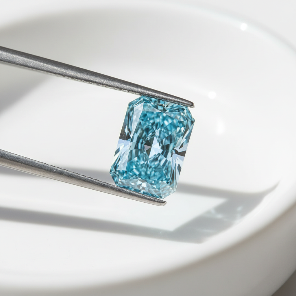 5,06 karaat Radiant Cut Lab Grown Diamond, VS1/Fancy Vivid Blue