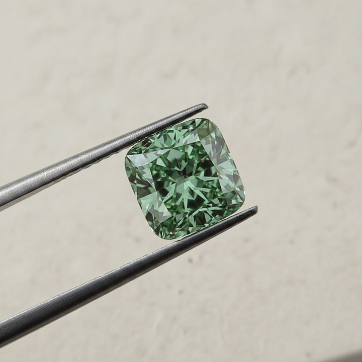 5,07 karaat kussen vierkant Lab Grown Diamond, VVS2/Fancy Vivid Green