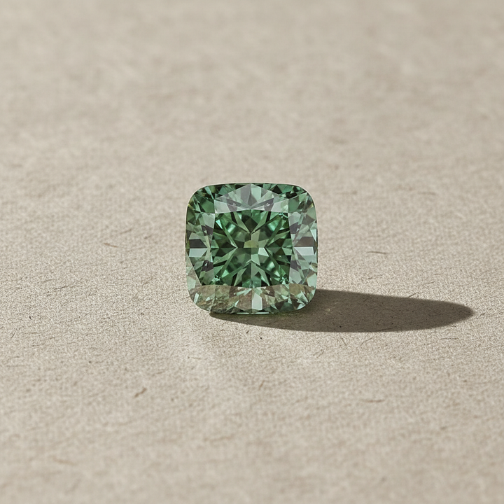 5,08 karaat kussen vierkant Lab Grown Diamond, VS1/Fancy Vivid Green
