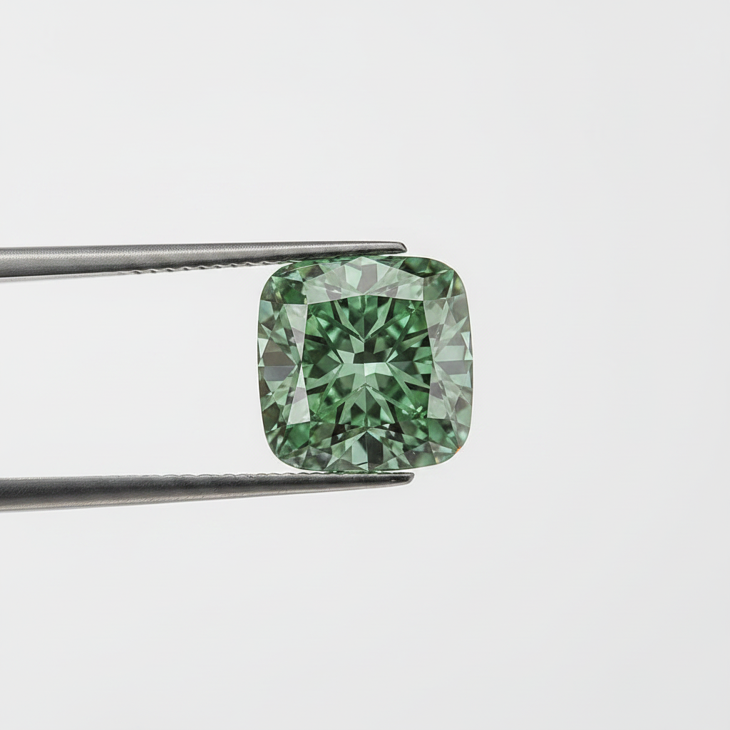 5,08 karaat kussen vierkant Lab Grown Diamond, VS1/Fancy Vivid Green