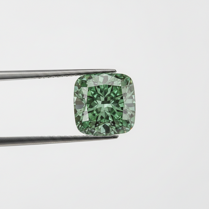 5,08 karaat kussen vierkant Lab Grown Diamond, VS1/Fancy Vivid Green