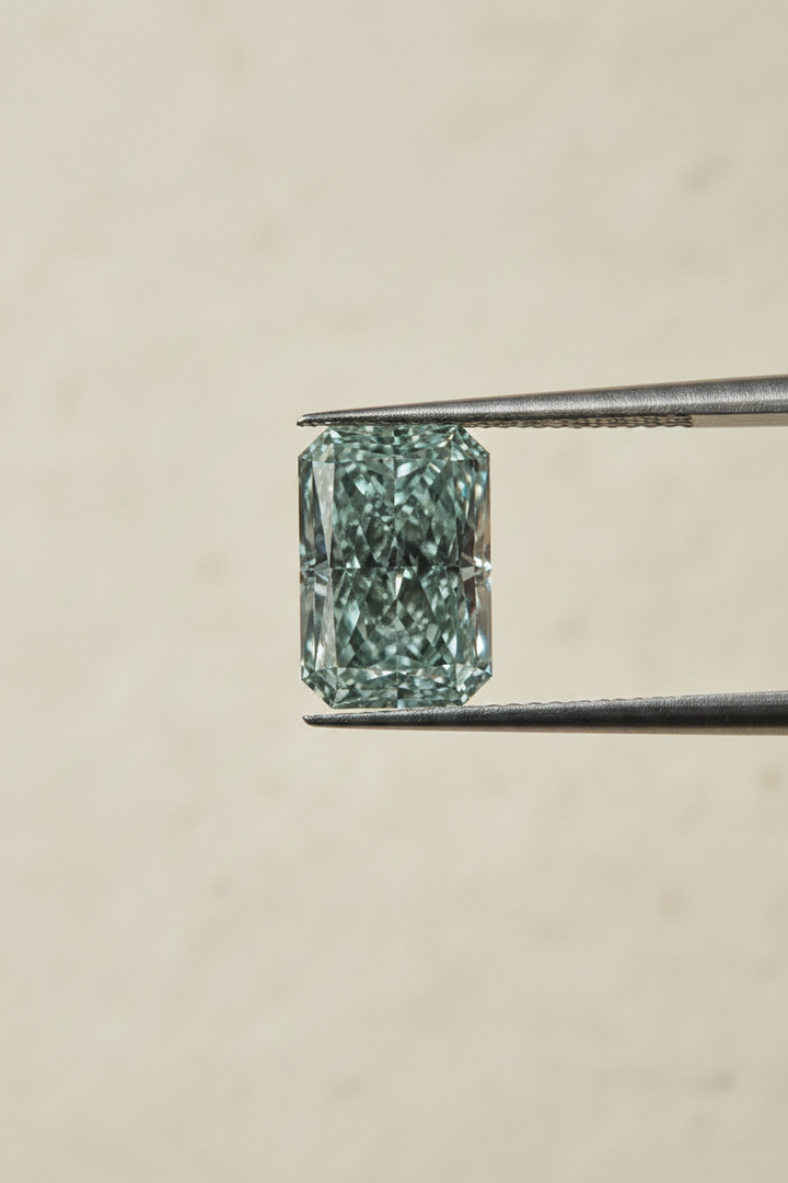 5,47 karaat stralend geslepen lab-grown diamant, VS1/fancy levendig blauwachtig groen