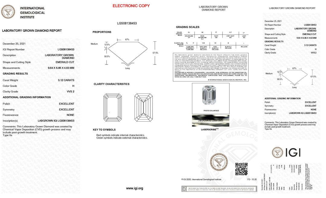 IGI Certified 3.12 CT Emerald Cut Lab Grown Diamond - H Color, VVS2 Clarity