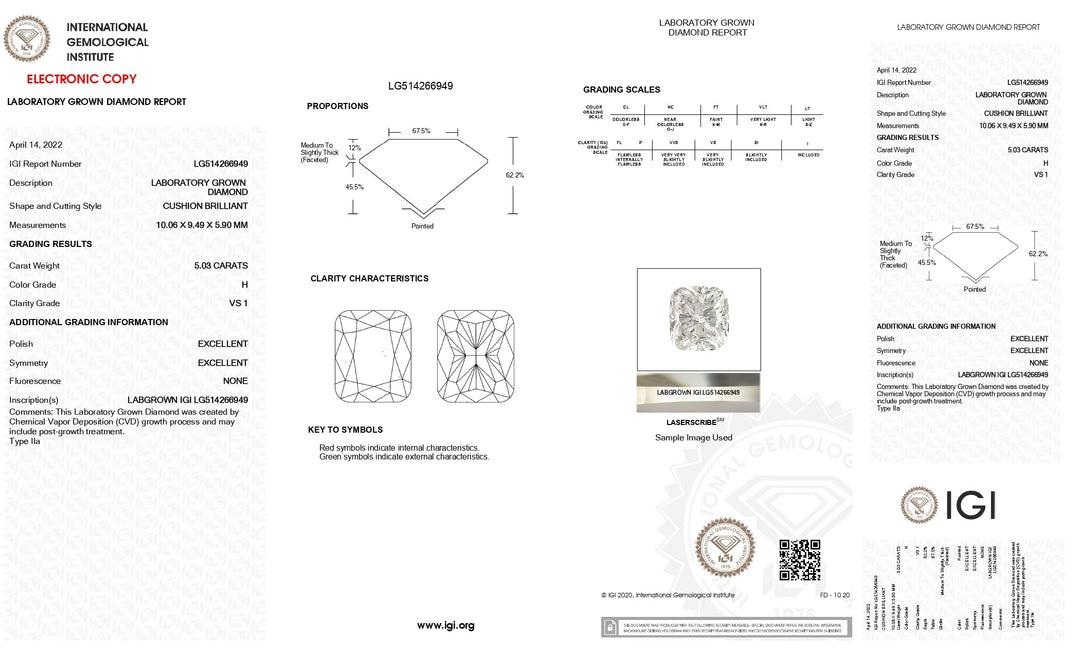 Exquisite 5.03 CT Cushion Cut Lab-Grown Diamond: IGI Certified, VS1 Clarity, H Color