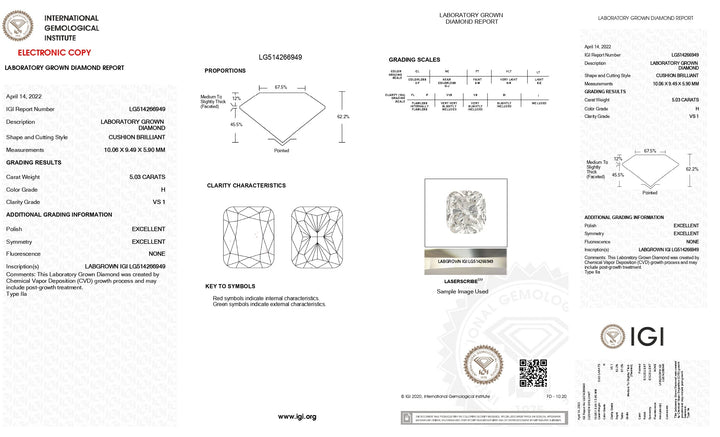 Exquisite 5.03 CT Cushion Cut Lab-Grown Diamond: IGI Certified, VS1 Clarity, H Color