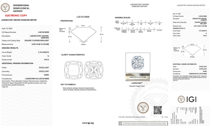 Diamant cultivé en laboratoire certifié IGI 4,10 CT taille coussin - Clarté VVS2, couleur G