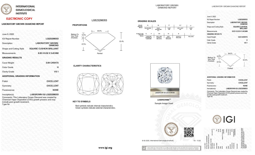 Diamant cultivé en laboratoire certifié IGI 3,64 CT taille coussin - Couleur H, clarté VS1