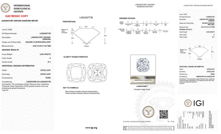 IGI-zertifizierter 3,26 Karat schwerer, im Kissenschliff gefertigter Labordiamant – Reinheit SI1, Farbe H