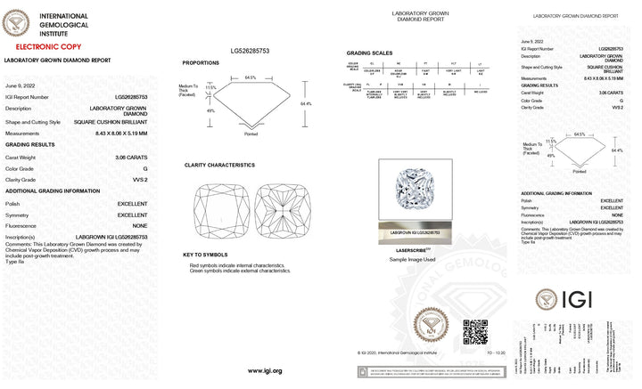 IGI Certified 3.06 CT Cushion Cut Lab-Grown Diamond, G Color, VVS2 Clarity