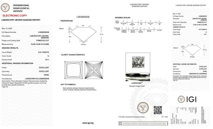 Diamante cultivado en laboratorio de talla princesa de 6,21 quilates con certificación IGI | Color G | Claridad VS1