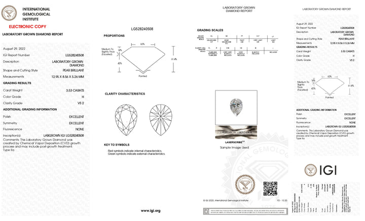 Diamant cultivé en laboratoire certifié IGI 3,53 CT taille poire - Clarté VS2, couleur H