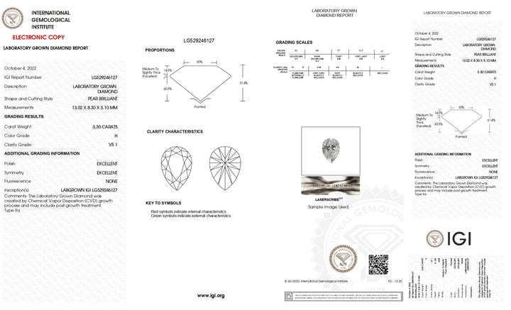 Diamant cultivé en laboratoire certifié IGI 3,30 CT taille poire - Clarté VS1, couleur H