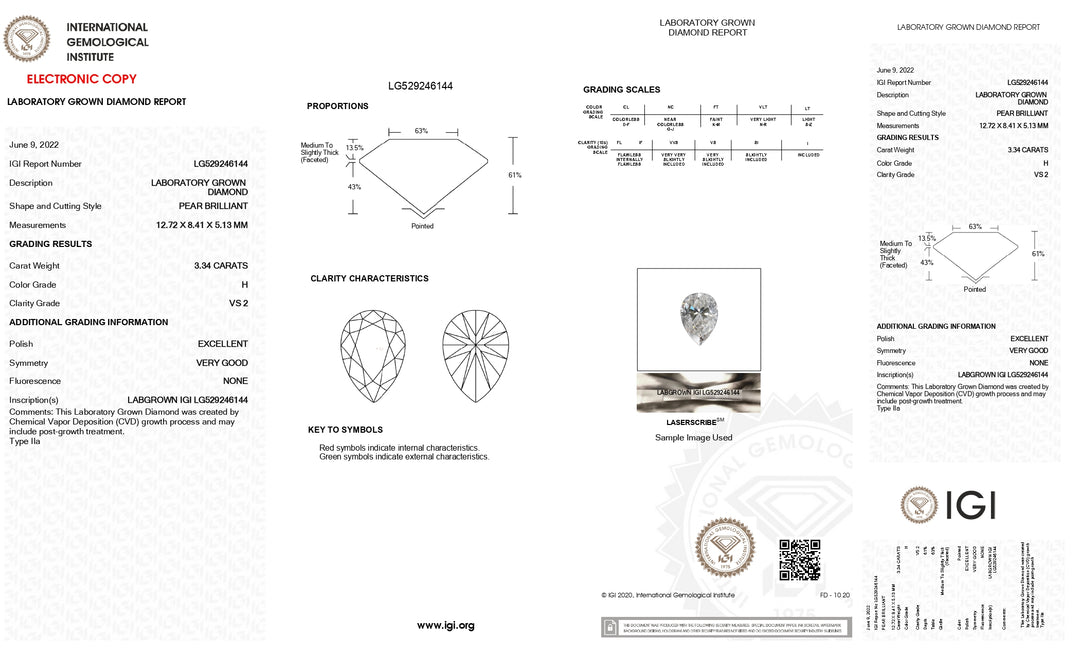 Diamant cultivé en laboratoire certifié IGI 3,34 CT taille poire - Clarté VS2, couleur H