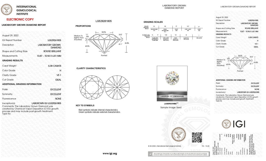 IGI Certified 5.08 CT Round Cut Lab-Grown Diamond (VS1 Clarity, H Color)